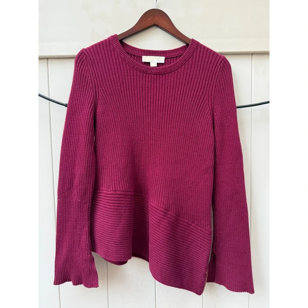 Michael Michael Kors Magenta Ribbed Asymmetrical Zip Hem Sweater Medium